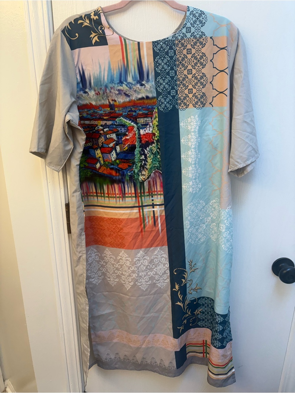 Vintage Navlik XXl Printed Midi Dress in Peach, Navy & Cream